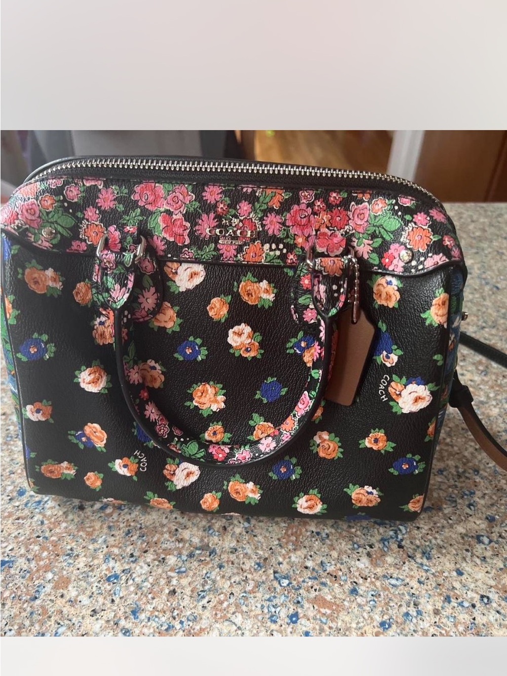Coach Black Floral Mini Satchel with Pink and Orange Blooms